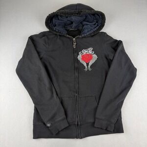 SoCal Mens Black Rose Angel Wings Zip Up Hoodie Rhinestone Y2K Large